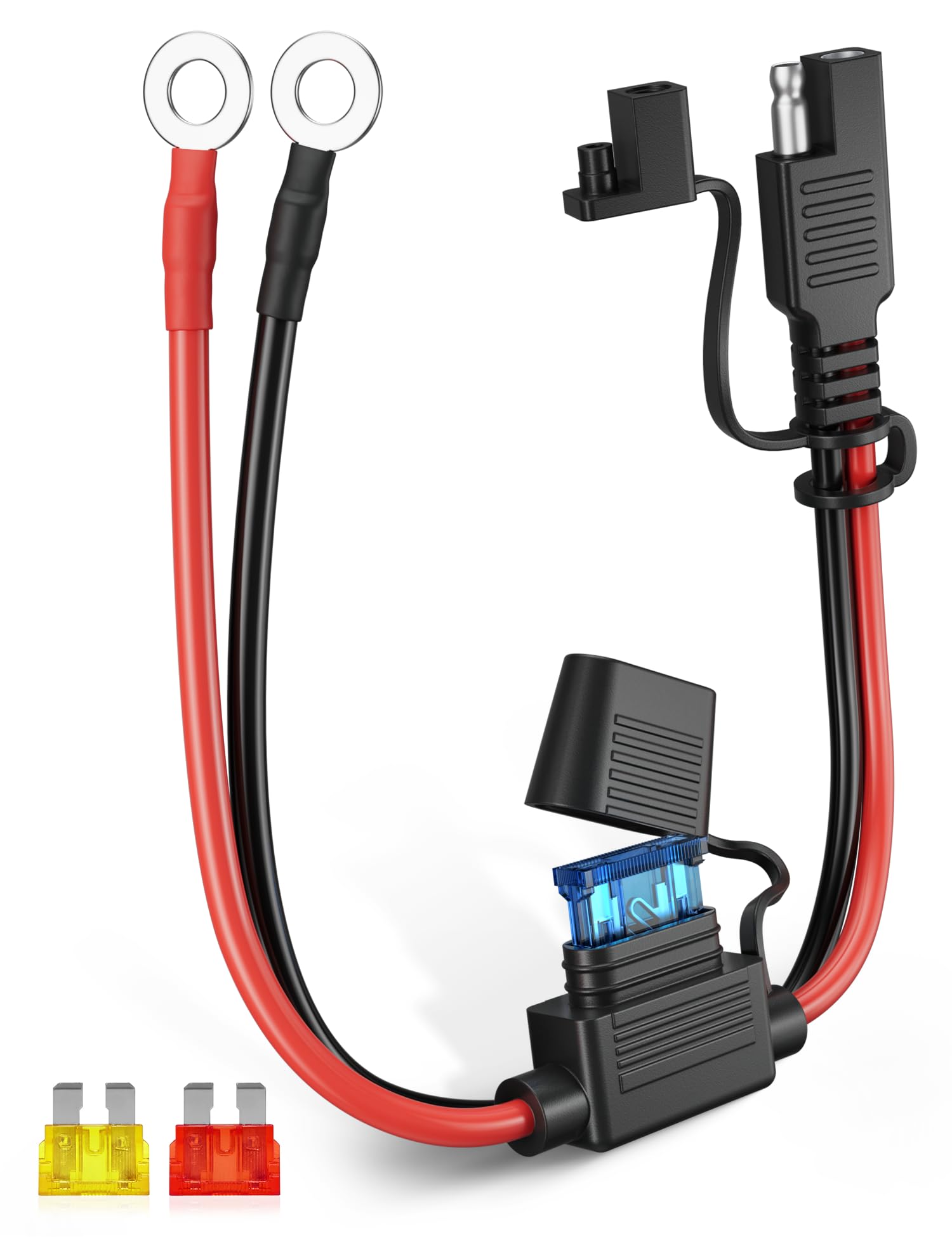 Oyviny 1.25FT 14AWG Motorcycle Battery Charger Cord, SAE to O-Ring Terminal Harness with 10A 15A 20A Fuses Protected UL Certified 2 Pin SAE Connector for Car Solar Panel Generator Golf Cart Mower