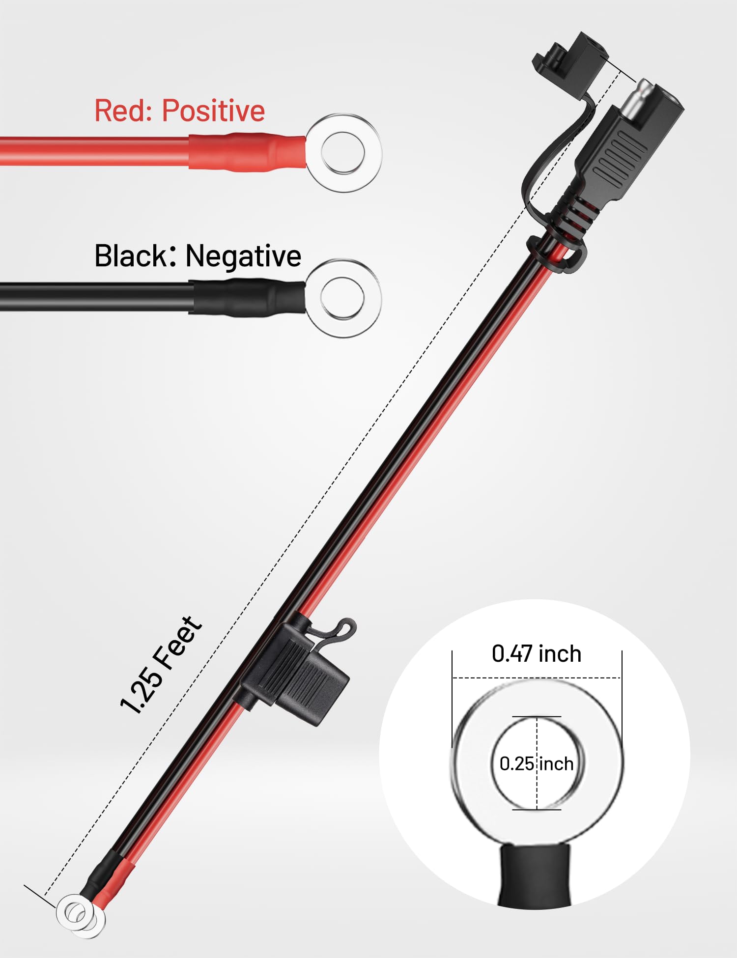 Oyviny 1.25FT 14AWG Motorcycle Battery Charger Cord, SAE to O-Ring Terminal Harness with 10A 15A 20A Fuses Protected UL Certified 2 Pin SAE Connector for Car Solar Panel Generator Golf Cart Mower
