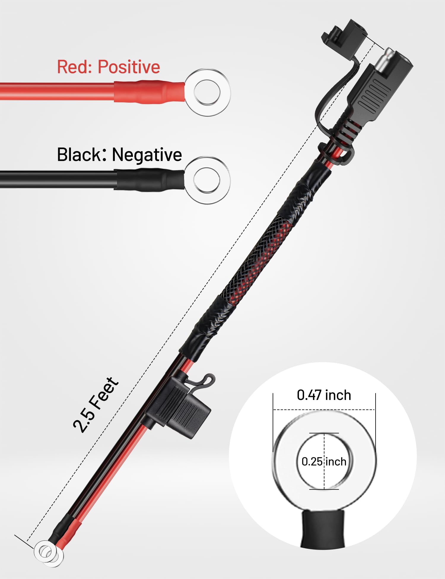 Oyviny 2.5FT 12AWG SAE Battery Connector Extension Cable with 10A 15A 20A 25A Fuses, UL Certified SAE to O Ring Terminal Quick Disconnect Harness for Trickle Charger Motorcycle Solar Panel Generator