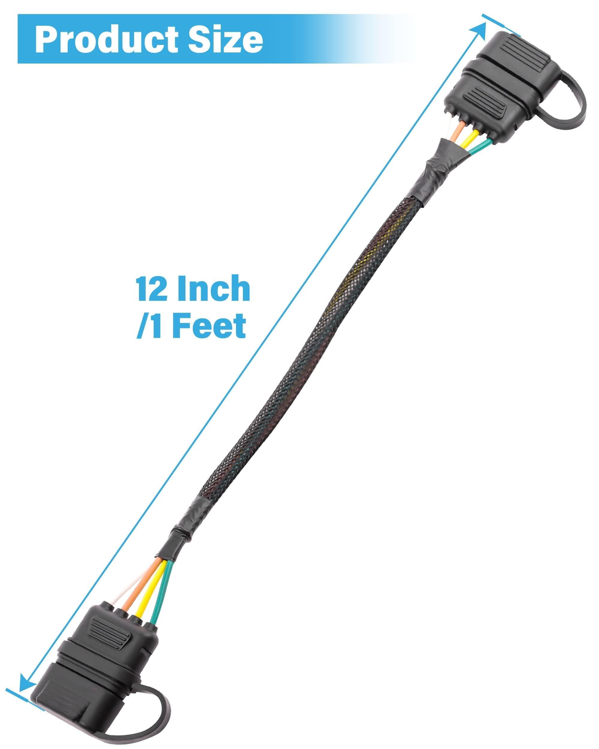 Oyviny 16 AWG 4 Pin Flat Trailer Extension 12 inch, Vehicle-Side and Trailer-Side 4 Way Connector with Rubber Dust Cover Pure Copper Wire Loom Tubing Protection, 4 Flat Trailer Wire Extension