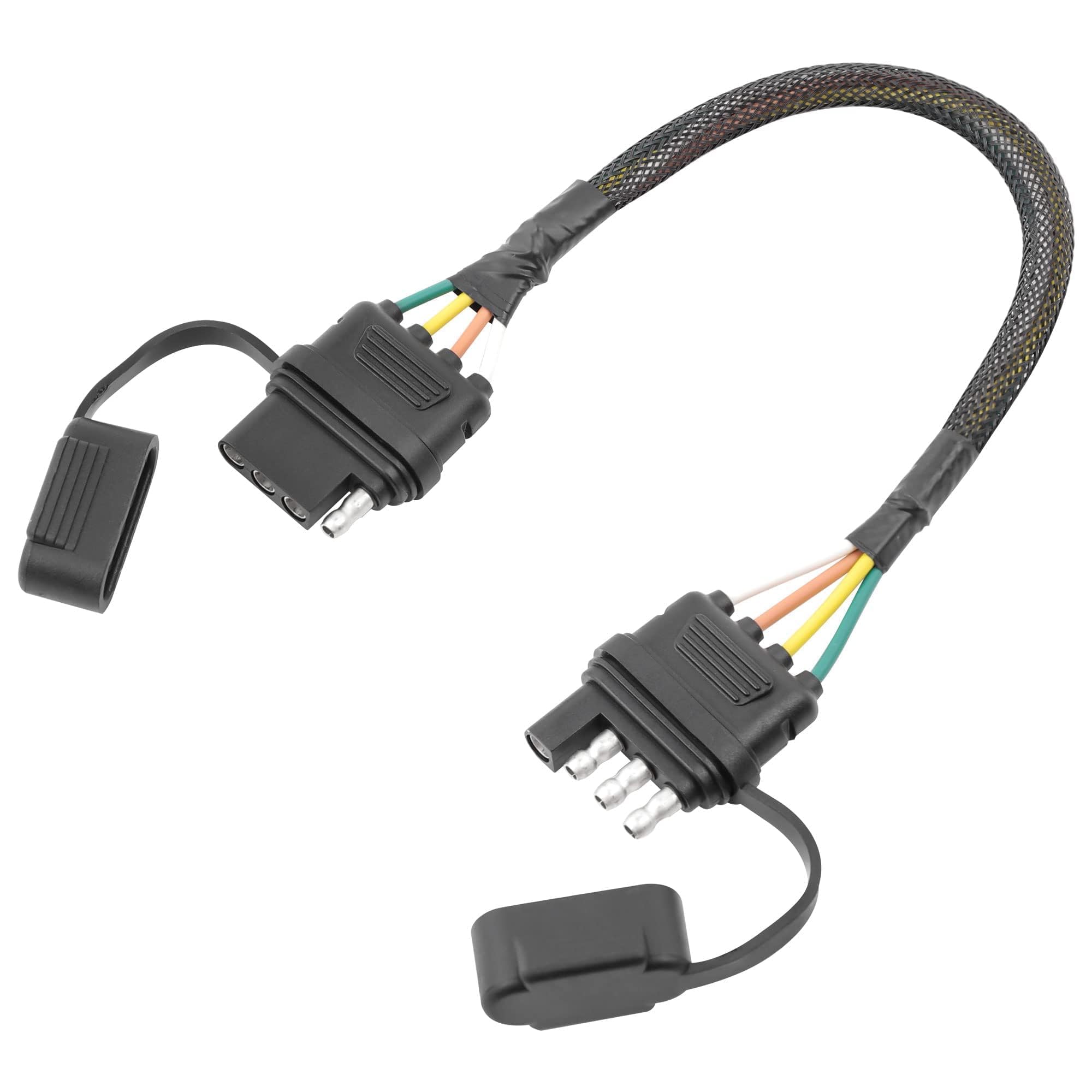 Oyviny 16 AWG 4 Pin Flat Trailer Extension 12 inch, Vehicle-Side and Trailer-Side 4 Way Connector with Rubber Dust Cover Pure Copper Wire Loom Tubing Protection, 4 Flat Trailer Wire Extension