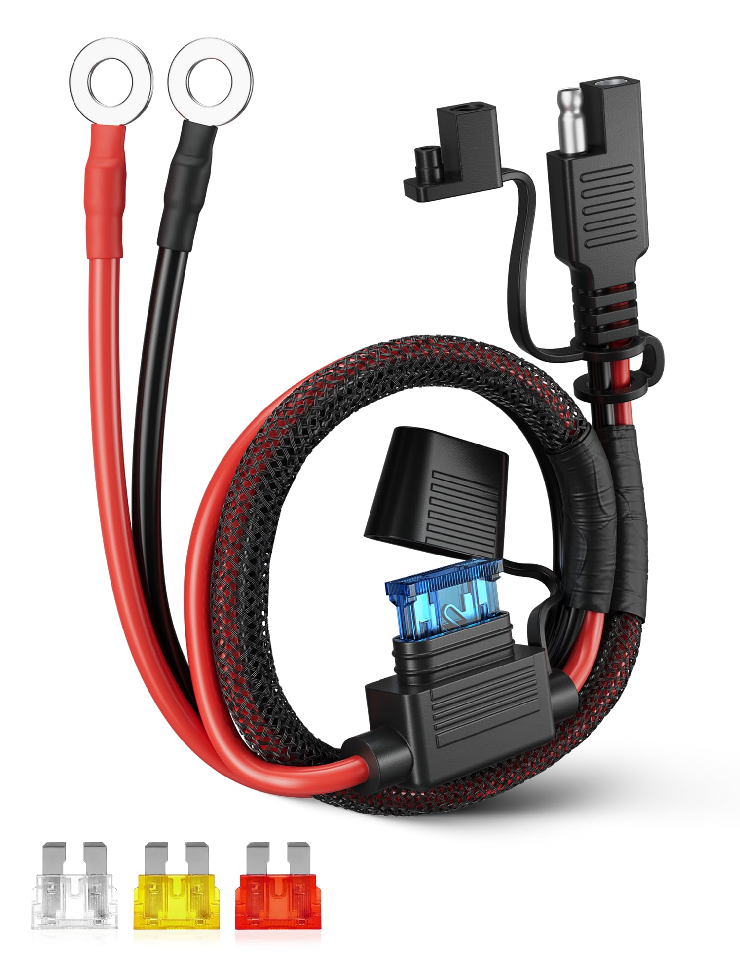 Oyviny 2.5FT 12AWG SAE Battery Connector Extension Cable with 10A 15A 20A 25A Fuses, UL Certified SAE to O Ring Terminal Quick Disconnect Harness for Trickle Charger Motorcycle Solar Panel Generator