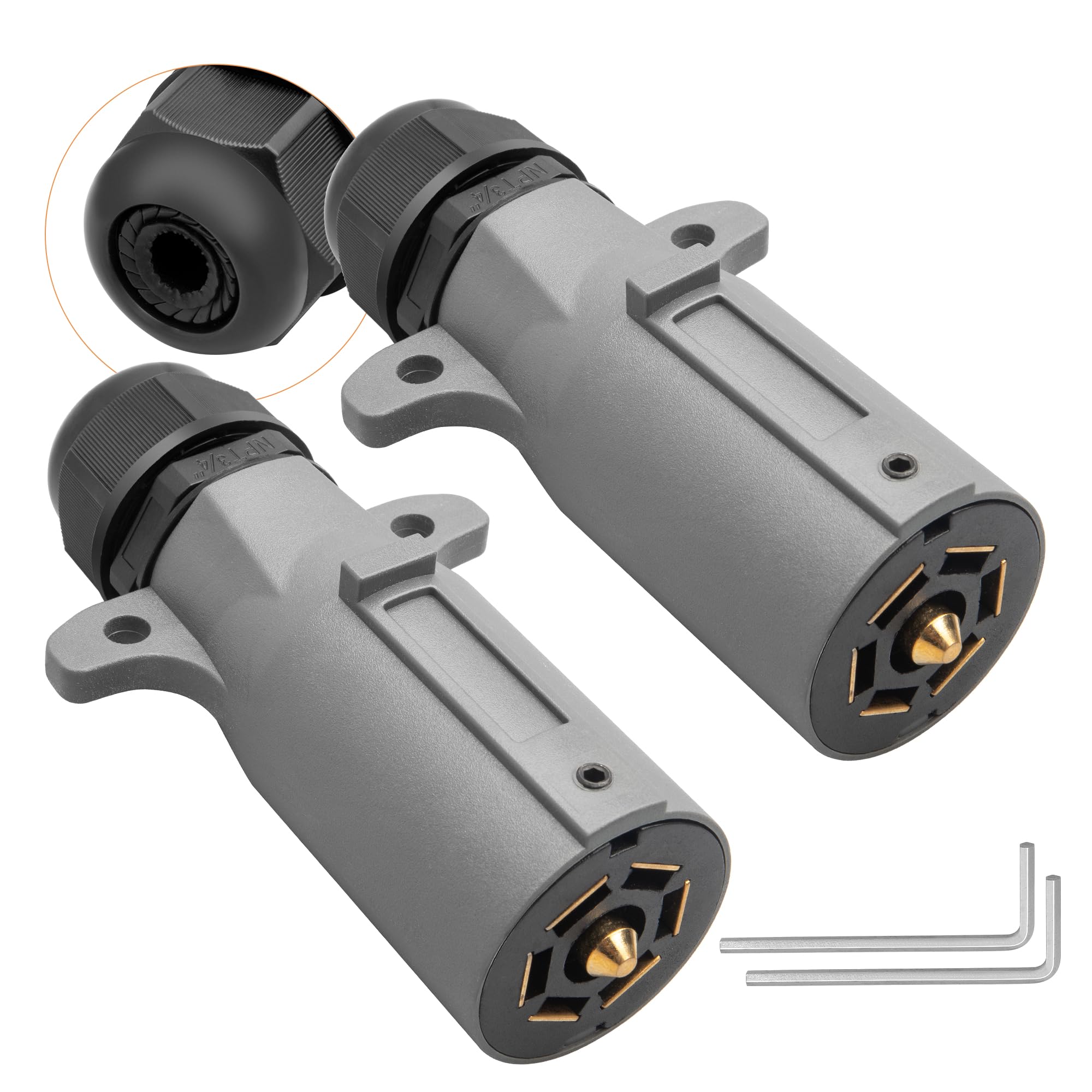 Oyviny RV 7 Pin Trailer Plug with IP68 Waterproof Seal 2PCS, Detachable 7 Way Round RV-Style Trailer Side Connector 7 Point Trailer Wiring Plug