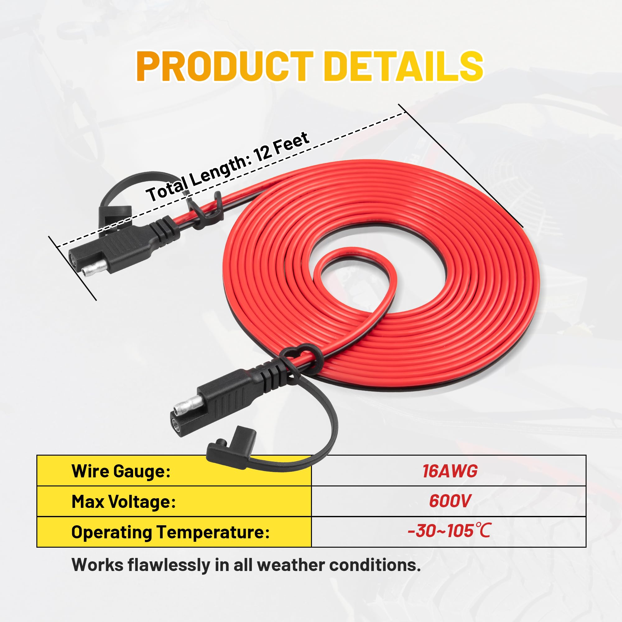 Oyviny 12FT 16AWG SAE Extension Cable with Polarity Reversing Adapter, Heavy Duty 2 Pin SAE Quick Connector with Dust Caps for Solar Panel Automotive Battery Charger Trolling Motor