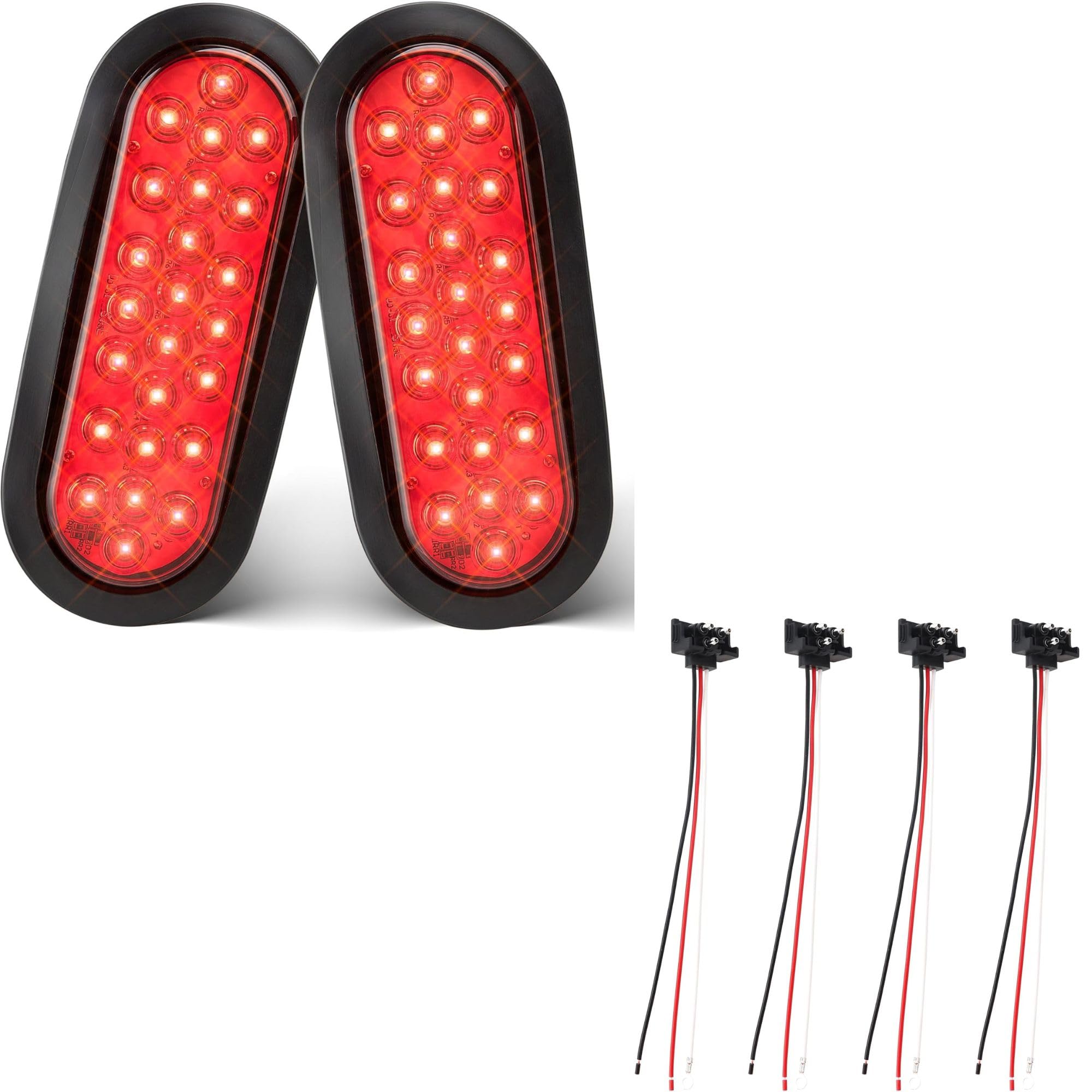 Oyviny 6 Inch Oval Red LED Trailer Tail Lights 24LEDs 2PCS + 4PCS 3 Pin Trailer Connector