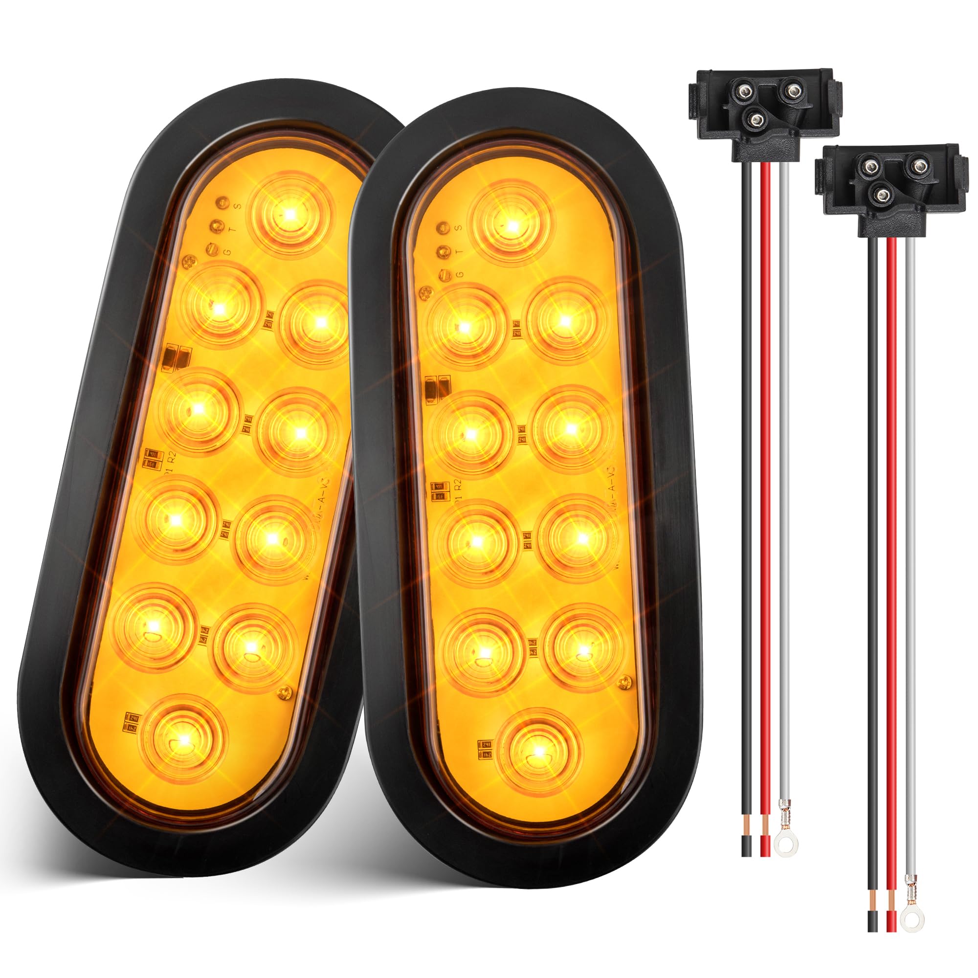 Oyviny 6 Inch 10 LEDs Oval Amber Trailer Tail Lights W/Light Wiring 2PCS, Super Bright 6" LED Parking Turn Signal Lights with Flush Mount Grommets for RV Truck, Bus, Trucks,Marine