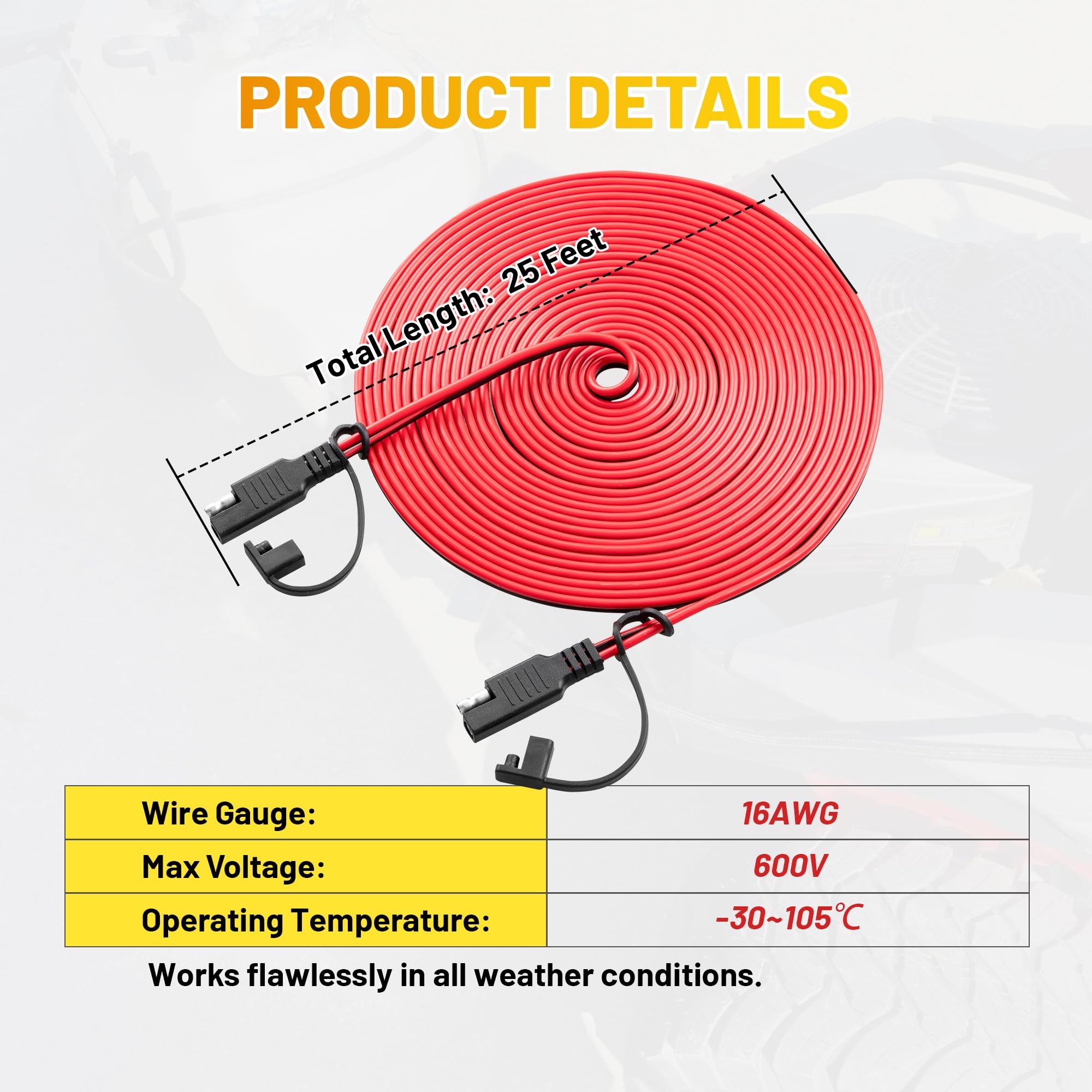 Oyviny 25FT Battery Charger SAE Extension Cable 16AWG, 2 Pin SAE Quick Connector for Solar Panel,Automotive,Charging, Trolling Motor with Reversing Adapter