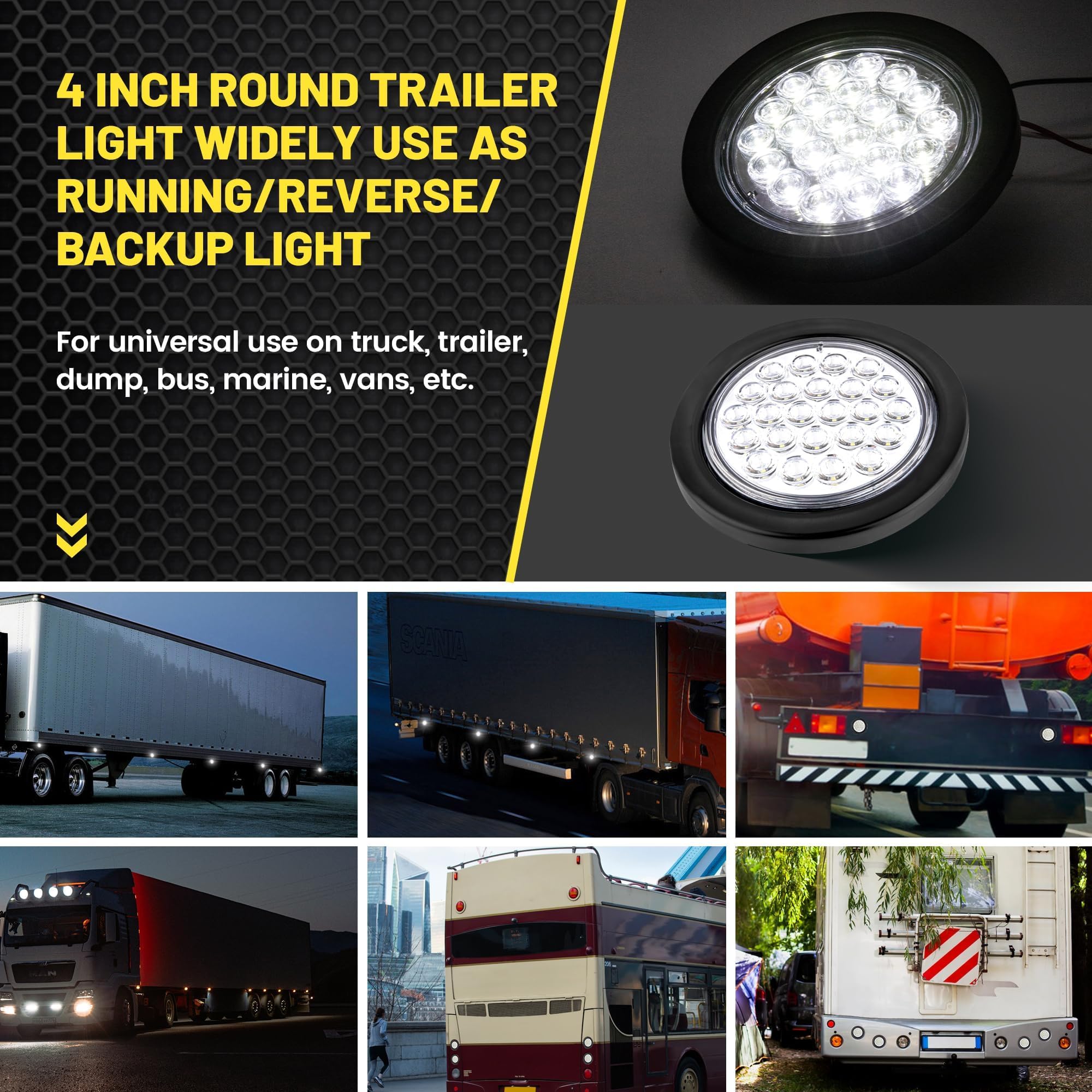 Oyviny 24LEDs Super Bright 4 Inch Round Reverse Back Up Trailer Lights 2PCS, 4" Round White LED Trailer Tail Light w/Surface Mount Grommet IP65 Waterproof 12V DC for Trailer, Bus, Trucks, Campers