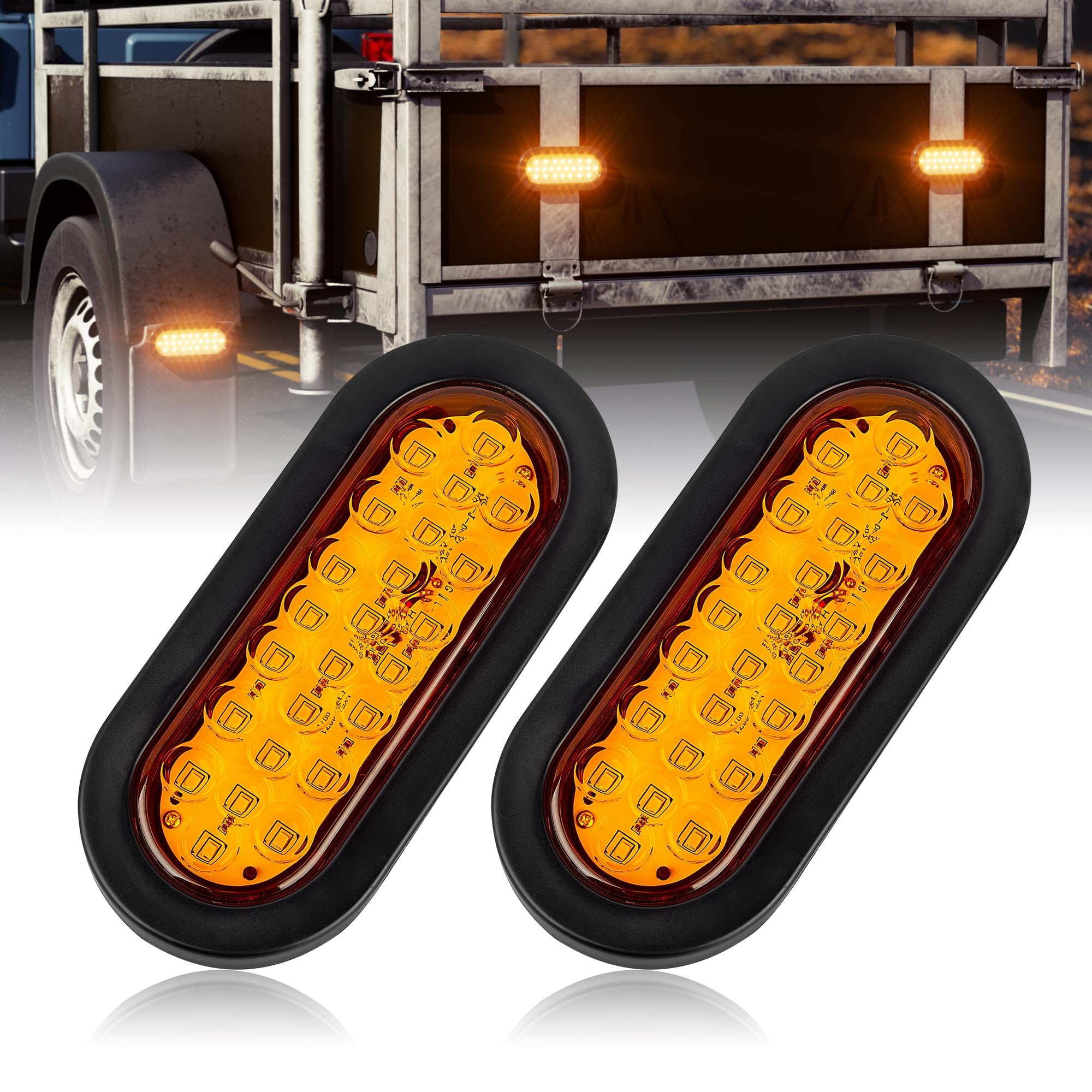 Oyviny 6 Inch Oval Amber Trailer Tail Lights 24 LEDs 2PCS, Super Bright 6" LED Parking Turn Signal Lights with Flush Mount Grommets DOT SAE Certified for RV Truck, Bus, Trucks, Marine