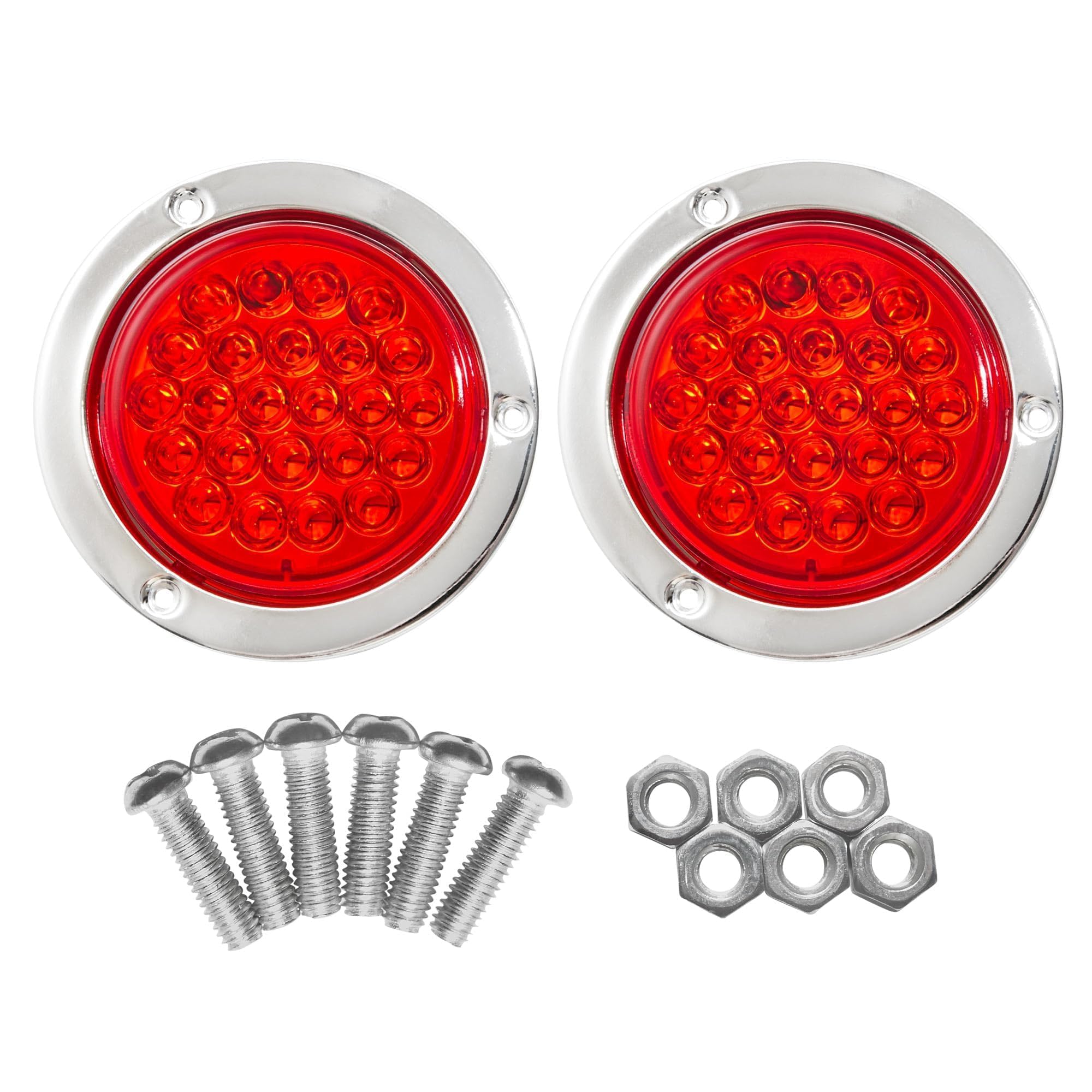 Oyviny 2PCS 4” Round LED Trailer Tail Light with Stainless Steel Chrome Bezels Red 24LED 4 Inch Round Trailer Stop Turn Brake Tail Lights 12V DC for RV Truck