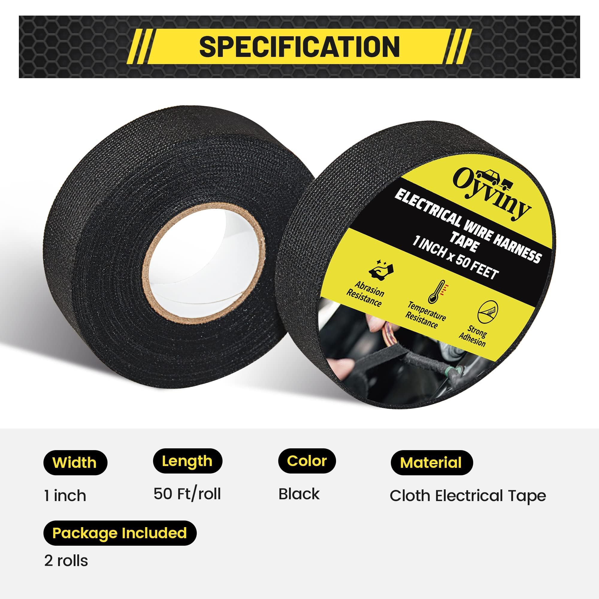 Oyviny 2 Rolls Wire Harness Cloth Tape 1 Inch x 50 Feet Automotive Electrical Tape Self-Adhesive High Temp Anti Abrasion Wire Loom Tape for Engine Harness Wrap Protection Insulation