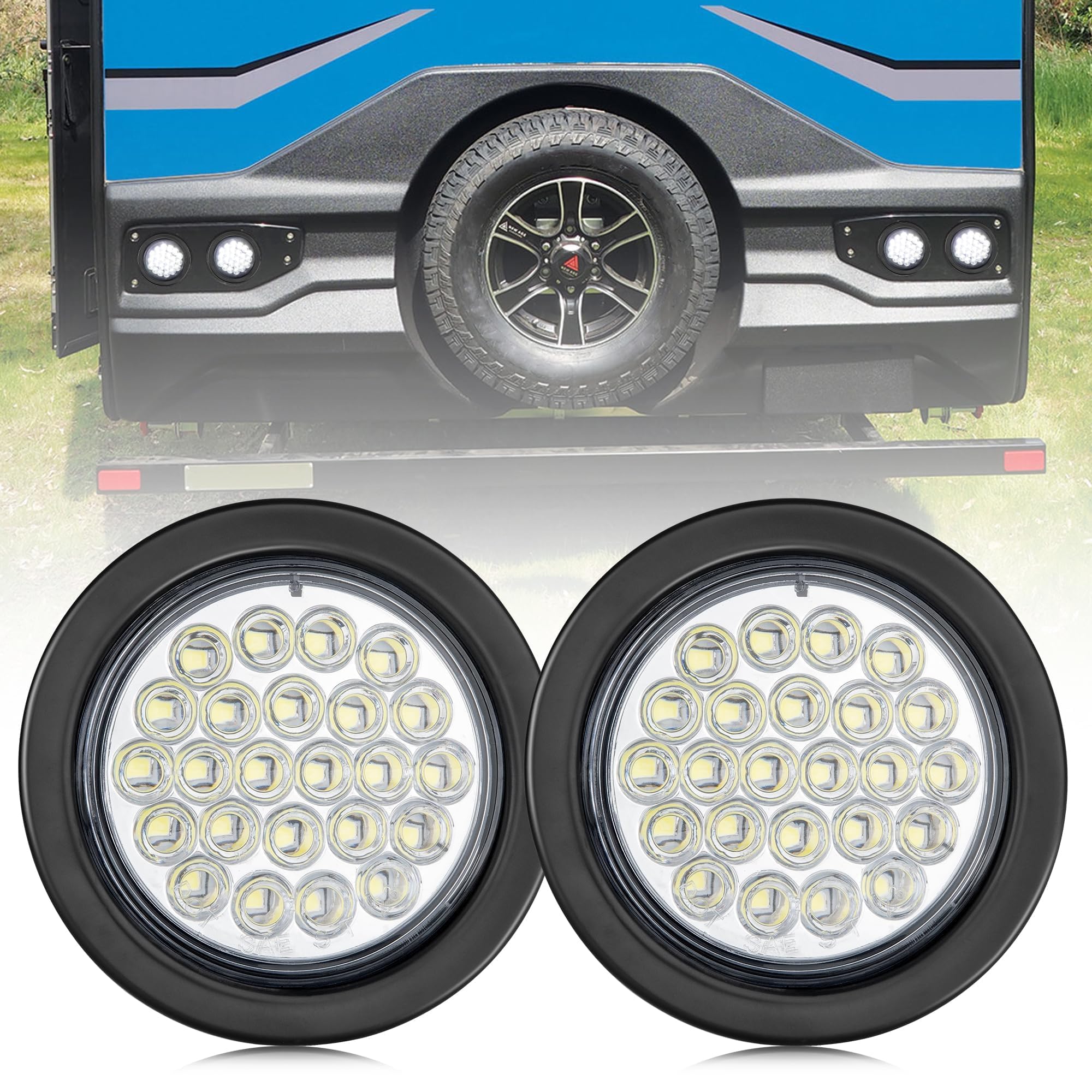 Oyviny 24LEDs Super Bright 4 Inch Round Reverse Back Up Trailer Lights 2PCS, 4" Round White LED Trailer Tail Light w/Surface Mount Grommet IP65 Waterproof 12V DC for Trailer, Bus, Trucks, Campers