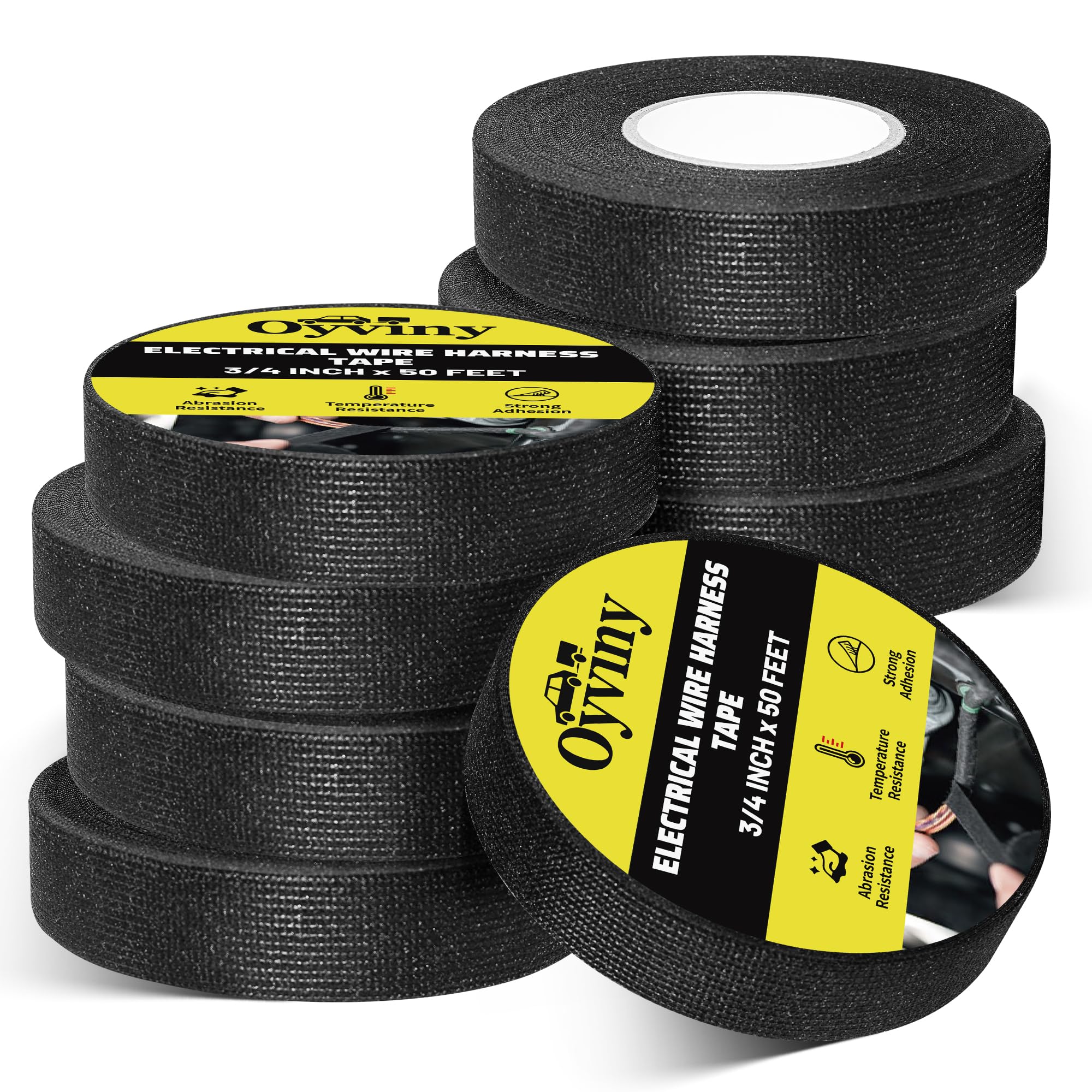 Oyviny Wire Harness Cloth Tape 3/4-Inch by 50-Foot (8 Rolls), Self-Adhesive Fabric Tape for Automotive Engine and Electrical Wiring Harness Noise Damping, High Temp Wire Loom Tape
